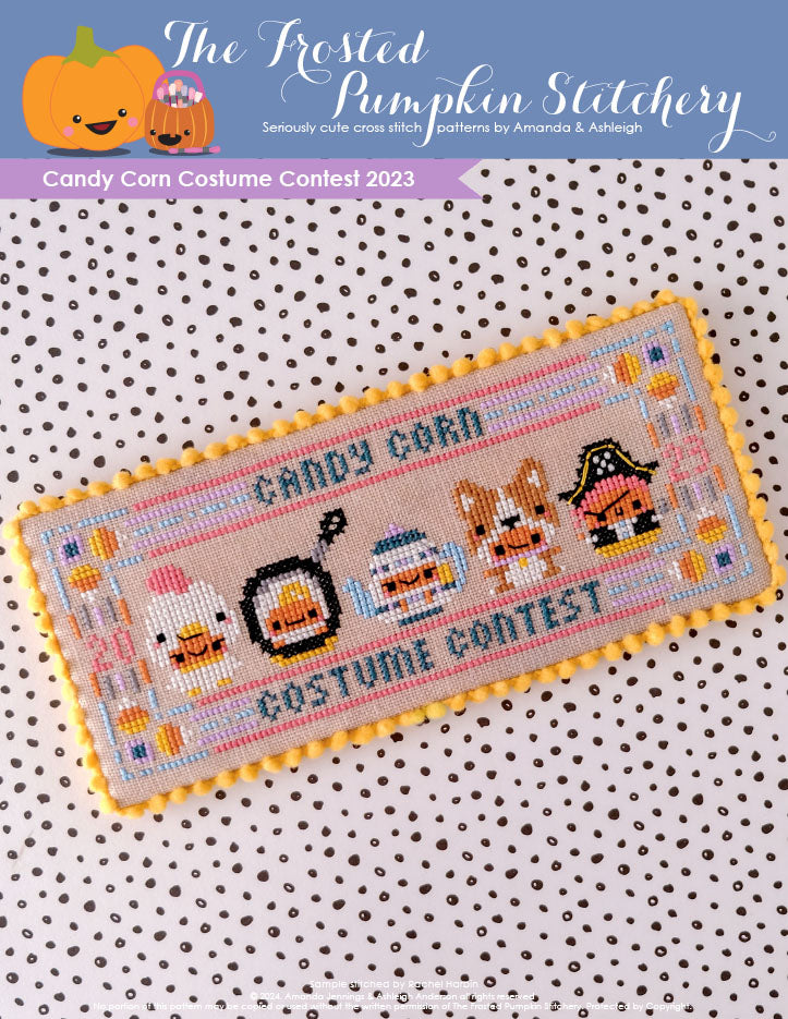 A picture of a candy corn costume contest on a black and white polka dot background. The candy corns are dressed like a chicken, an egg, a teapot, a corgi and a pirate. Text reads "Candy Corn Costume Contest 2023"