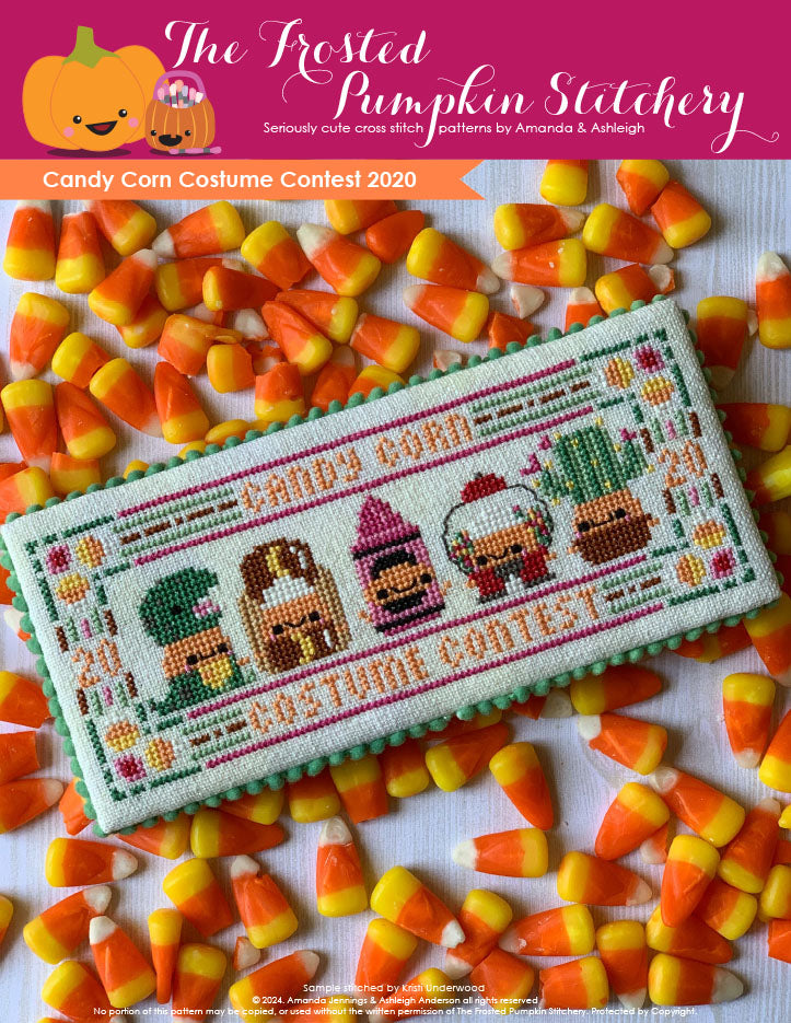 Image of Candy Corn Costume Contest 2020 counted cross stitch pattern. Five little candy corns are in costumes. From left to right they are dressed as a t-rex, hot dog, pink crayon, gum ball machine and cactus.