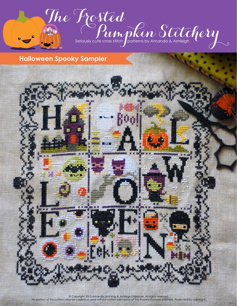 Halloween Spooky Sampler counted cross stitch pattern. Lace border with skulls that spells out Halloween.