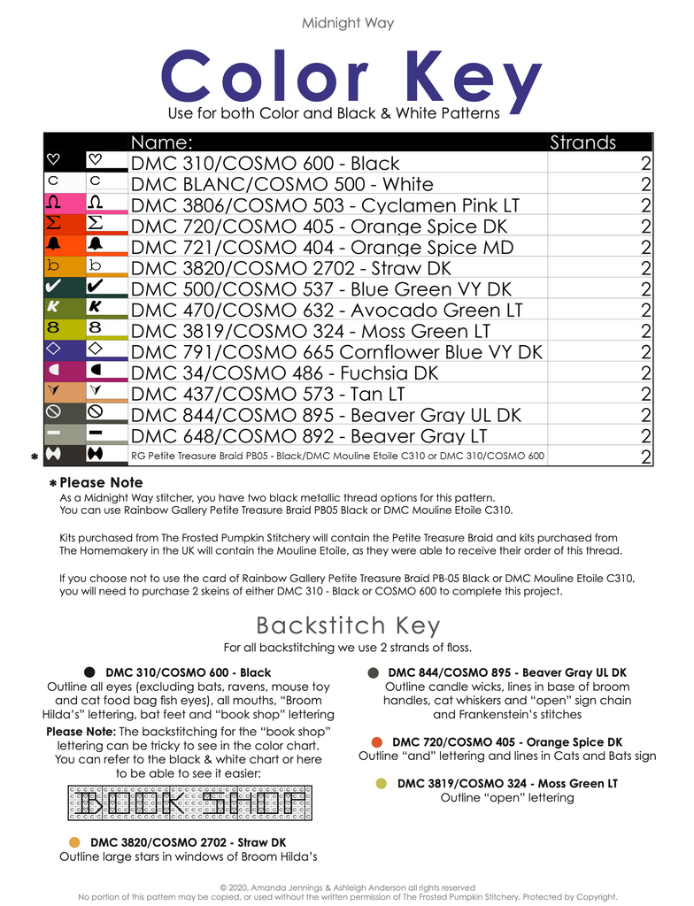 midnight way cross stitch pattern color key PDF