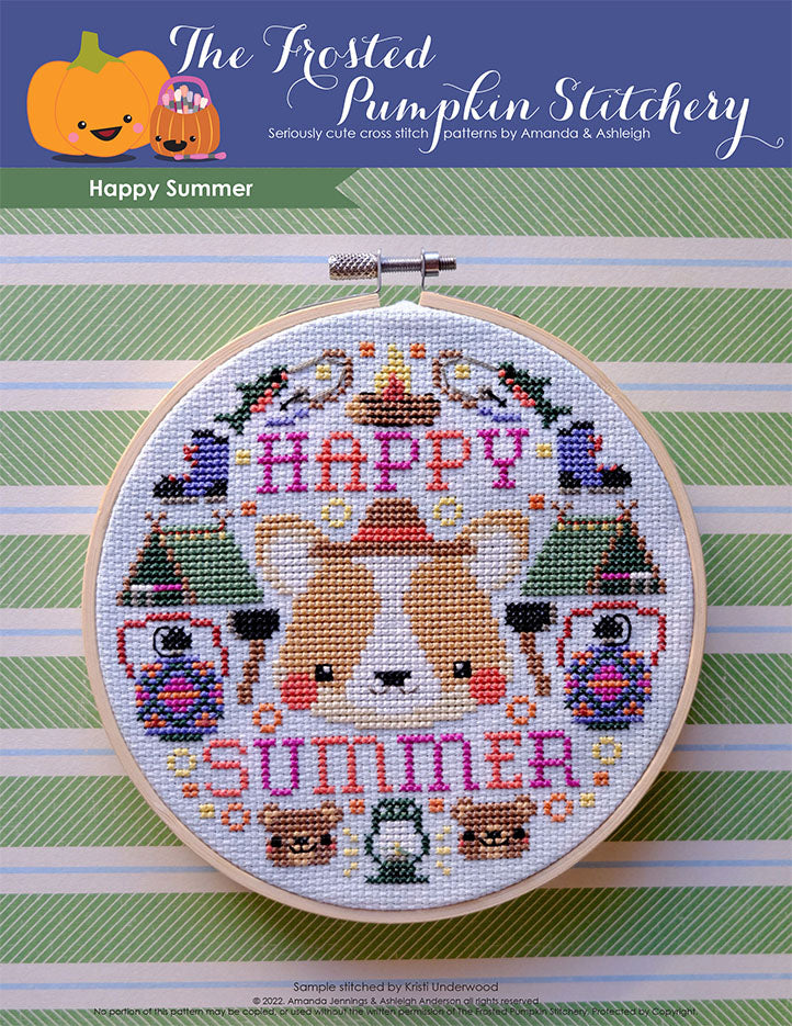 Happy Summer cross stitch pattern. Image of a dog wearing a hat surrounded by hiking boots, tents, water bottles, bears, fishing poles, axes and the phrase "Happy Summer."