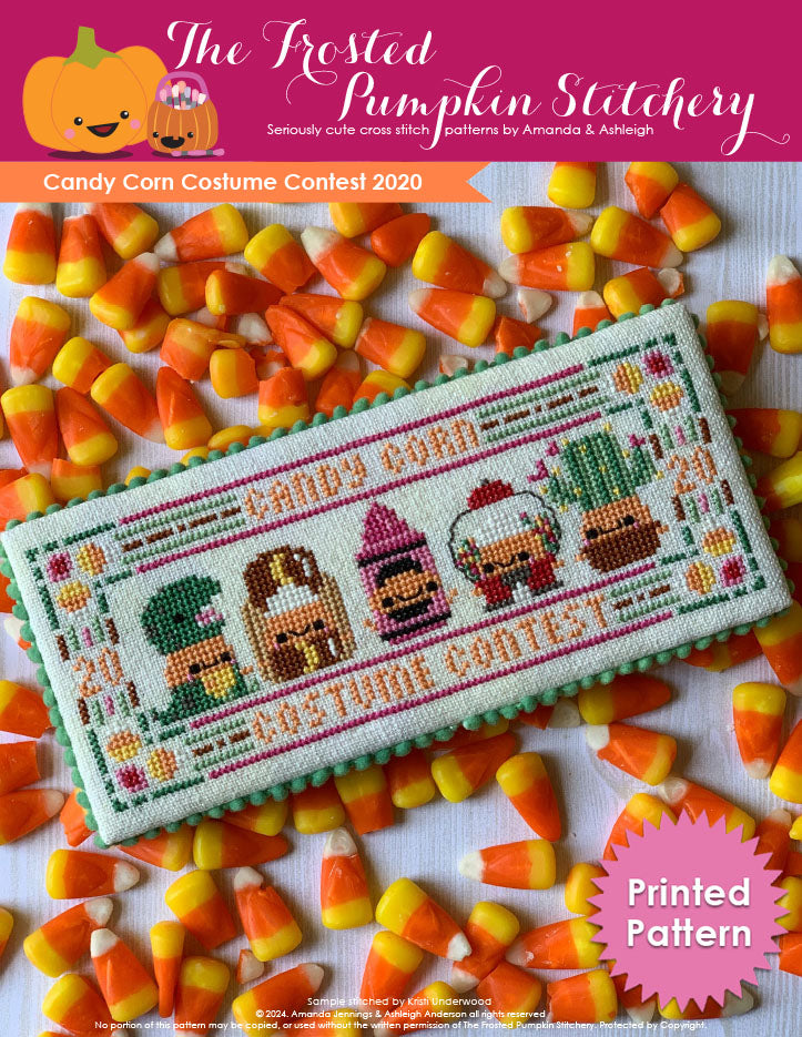 Image of Candy Corn Costume Contest 2020 counted cross stitch pattern. Five little candy corns are in costumes. From left to right they are dressed as a t-rex, hot dog, pink crayon, gum ball machine and cactus. Text reads "Printed Pattern."