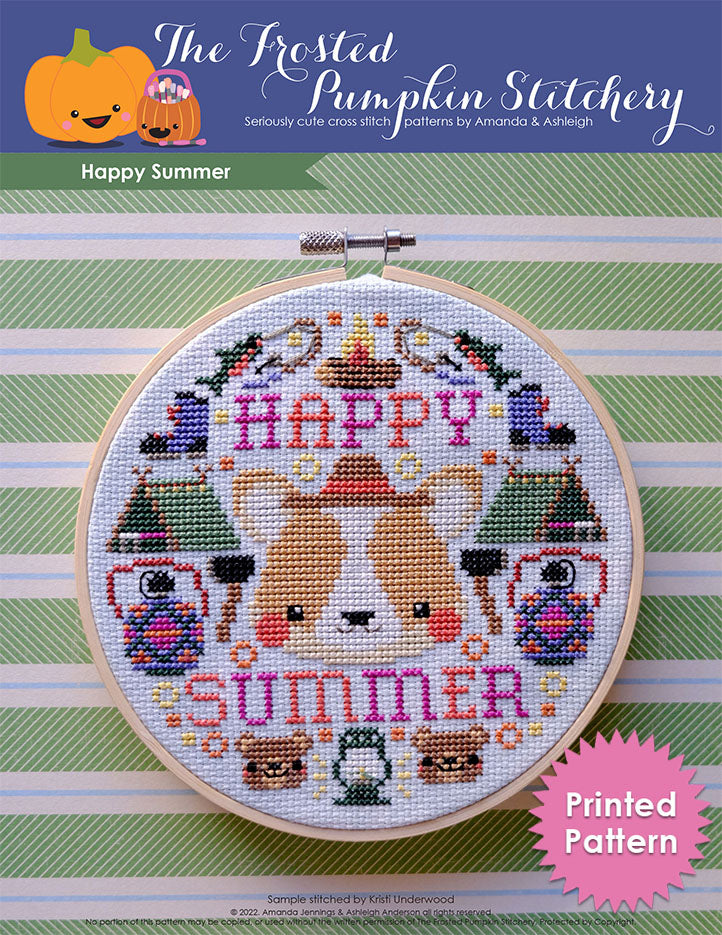 Happy Summer cross stitch pattern. Image of a dog wearing a hat surrounded by hiking boots, tents, water bottles, bears, fishing poles, axes and the phrase "Happy Summer."