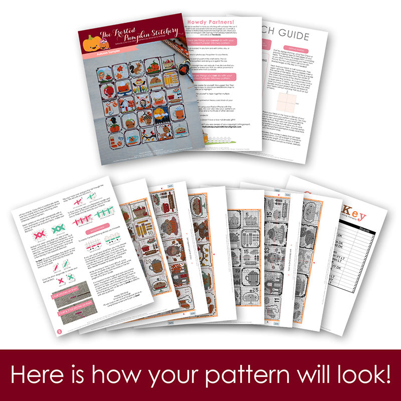 Graphic of how your cross stitch pattern will look. The pages are fanned out.