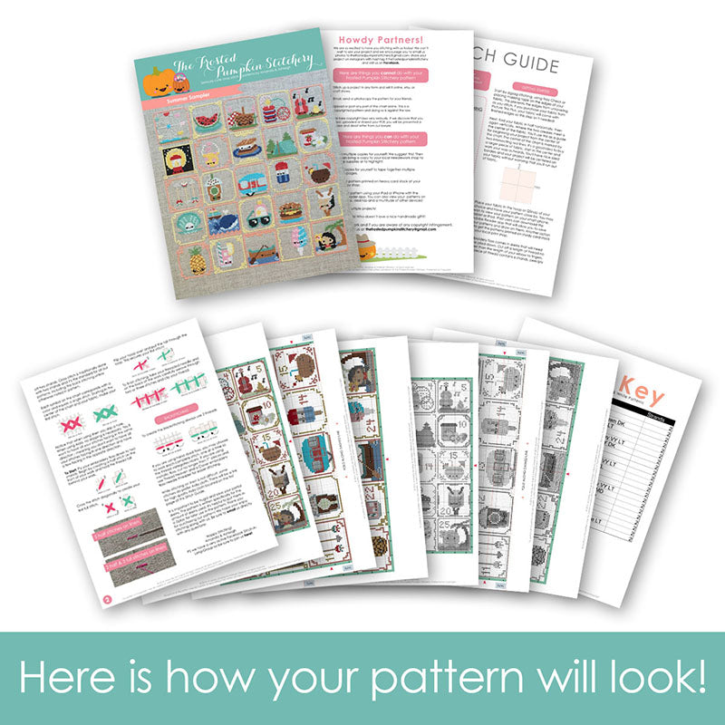 Graphic of how your cross stitch pattern will look. The pages are fanned out.