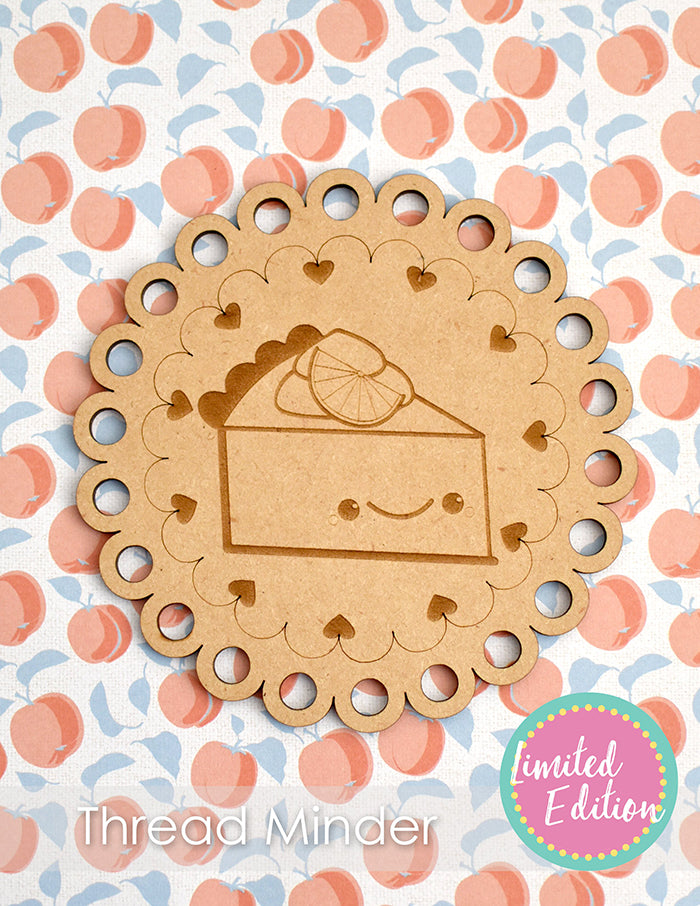 Sweet as Pie Wooden Thread Minder made from wood on a peach background.